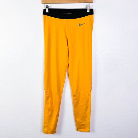 Nike Pro Dri Fit Fleece Workout Training Active Yoga Leggings Yellow Size L NWOT - Picture 1 of 11